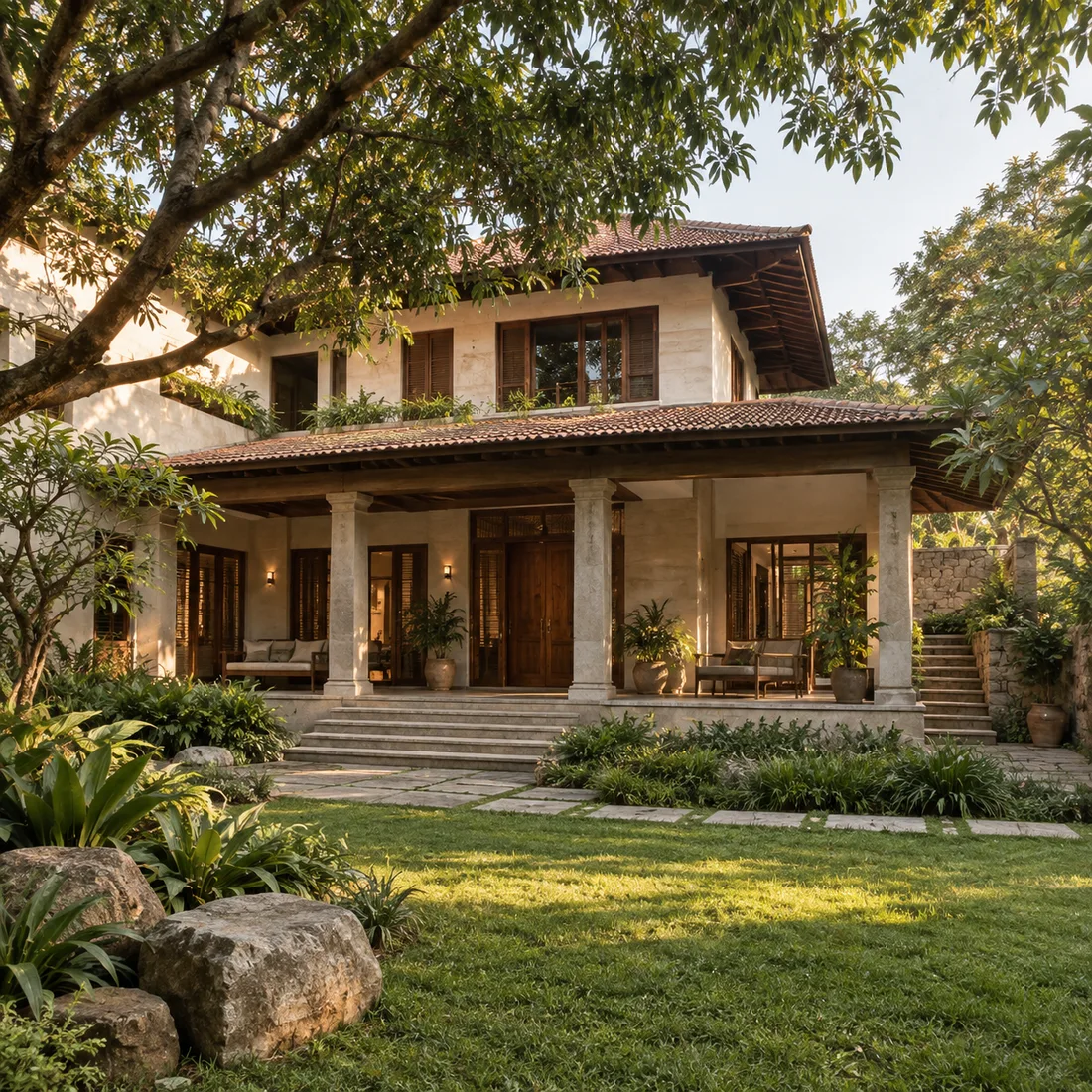 Concept of a shaded South Indian home with a garden